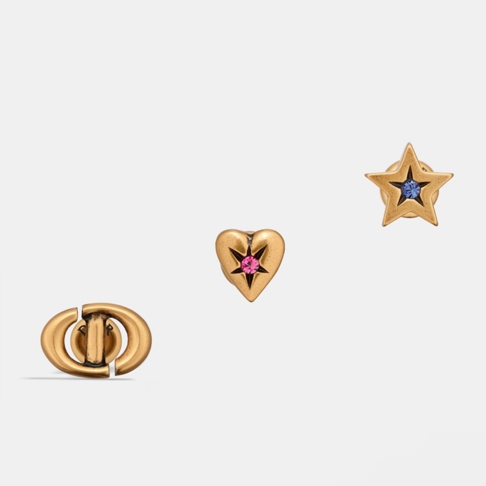 DIOR LUCKY CHARM SET OF STUD Earring Antique Gold-Finish Metal Pink Blue Crystal - Picture 3 of 8